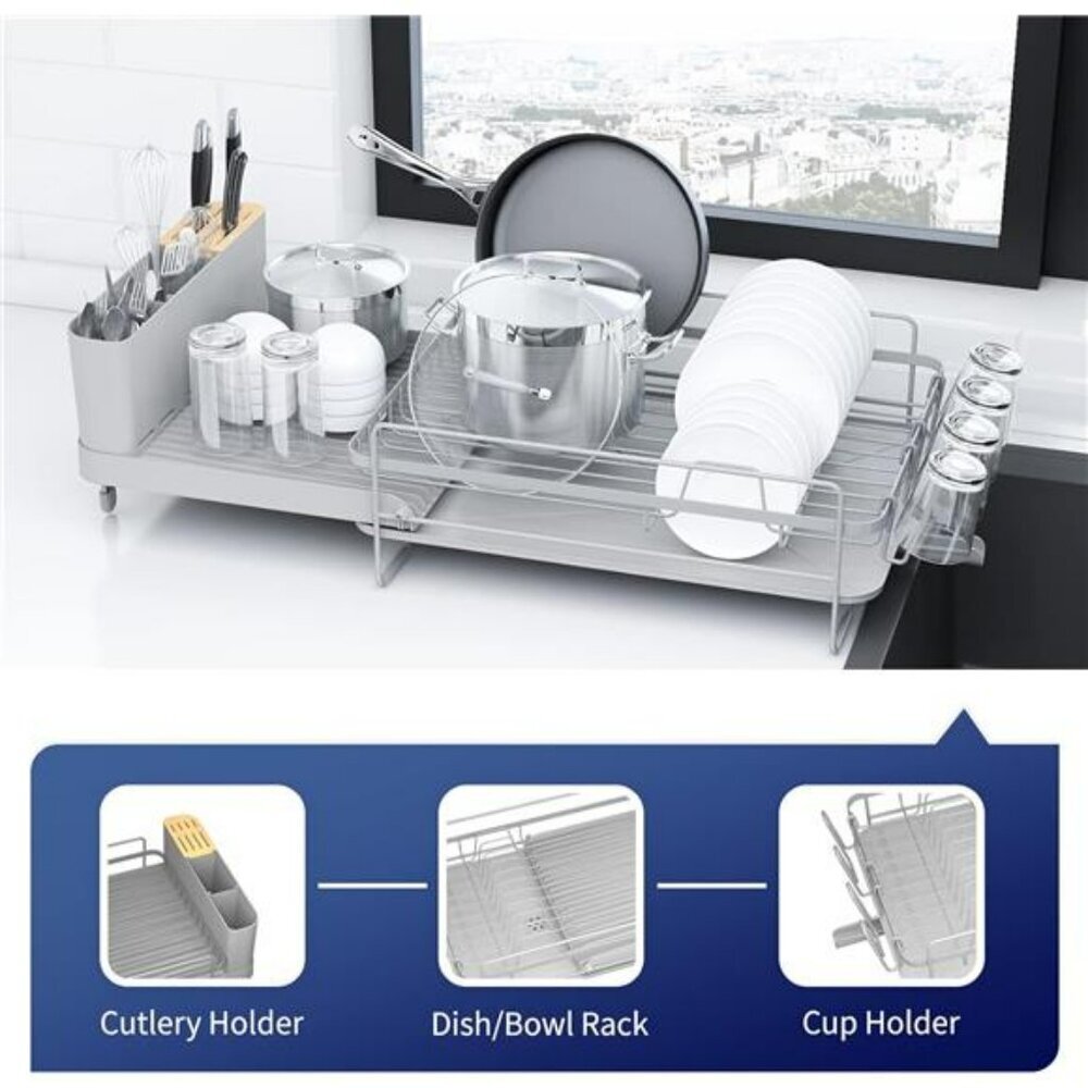 Large extendable dish drying rack with drainboard cutlery holder kitchen counter - Picture 7 of 8